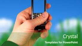  Presentation with phone - Presentation design with telephone keypad picture - businessman holding mobile phone background and a forest green colored foreground