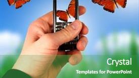  Presentation with butterflies - Presentation theme featuring telephone keypad picture - businessman photographing butterflies from mobile background and a shamrock green colored foreground