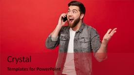  Presentation with red telephone - Cool new presentation with telephones - photo of handsome excited man backdrop and a crimson colored foreground