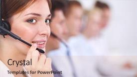  Presentation with call center - PPT theme with telephony - attractive positive young businesspeople background and a coral colored foreground