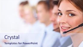  Presentation with call center software - Audience pleasing slide deck consisting of telephony - attractive smiling positive young businesspeople backdrop and a  colored foreground