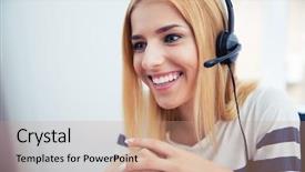  Presentation with worried young female college student - Colorful slides enhanced with telephony - happy young female operator backdrop and a coral colored foreground