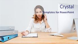  Presentation with woman office desk - Slide set enhanced with telephony - young concentrated woman in headphones background and a  colored foreground