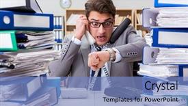  Presentation with busy work - Colorful presentation enhanced with telesales - busy businessman under stress due backdrop and a light blue colored foreground