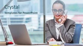  Presentation with call center - PPT theme with telesales - call center operator in business background and a light blue colored foreground