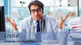  Presentation with workload - Amazing theme having telesales - unhappy angry call center worker backdrop and a teal colored foreground