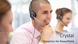  Presentation with brain waves mobile 2 headset - PPT theme with telesales - young businessman wearing headset background and a lemonade colored foreground