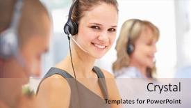  Presentation with brain waves mobile 2 headset - Presentation enhanced with telesales - young businesswoman wearing headset background and a coral colored foreground