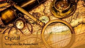  Presentation with vintage compass - Presentation having telescope and a pocket watch background and a gold colored foreground