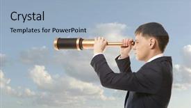  Presentation with telescope - Beautiful presentation theme featuring telescopes - business concept businessman looks backdrop and a light blue colored foreground