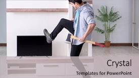  Presentation with television - PPT layouts consisting of television - man trying to fix broken background and a light gray colored foreground