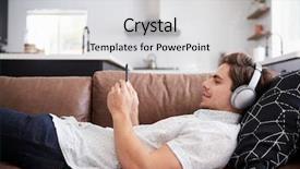  Presentation with wireless sensor communication - Colorful PPT theme enhanced with television - man wearing wireless headphones lying backdrop and a light gray colored foreground