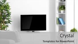  Presentation with living room - Audience pleasing PPT theme consisting of television - modern tv set on stand backdrop and a light gray colored foreground