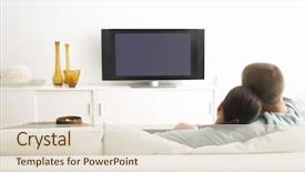  Presentation with living room - Presentation having television - rear view of young couple background and a lemonade colored foreground