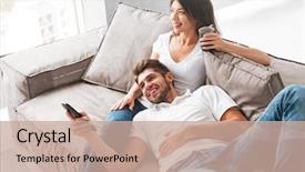  Presentation with television watching - Amazing presentation having television - smiling young couple relaxing backdrop and a coral colored foreground