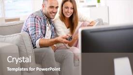  Presentation with broken home upset couple - Cool new slide set with television - young couple at home looking backdrop and a gray colored foreground