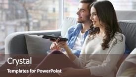  Presentation with television watching - Slide deck consisting of television - young couple watching tv background and a tawny brown colored foreground