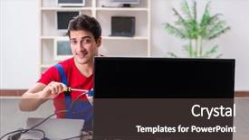  Presentation with engineering engineer or safety officer - Beautiful slides featuring television engineering - professional repair engineer repairing broken backdrop and a  colored foreground