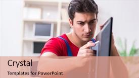  Presentation with mechanical engineering engineer tools - Slide set consisting of television engineering - professional repair engineer repairing broken background and a  colored foreground