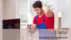  Presentation with professional - Cool new presentation theme with television engineering - professional repair engineer repairing broken backdrop and a  colored foreground