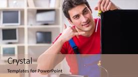  Presentation with professional - Colorful slides enhanced with television engineering - professional repair engineer repairing broken backdrop and a  colored foreground