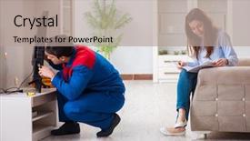  Presentation with home - Cool new slide set with television engineering - repairman repairing tv at home backdrop and a  colored foreground