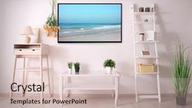  Presentation with television - Audience pleasing slide deck consisting of television flat - cozy interior of living room backdrop and a soft green colored foreground