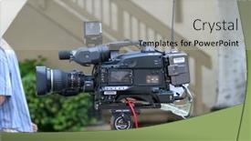  Presentation with shots - Audience pleasing PPT theme consisting of television-news-camera-sits backdrop and a light gray colored foreground