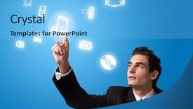  Presentation with music business - Presentation enhanced with television radio - business man pressing a music background and a light blue colored foreground