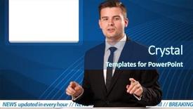  Presentation with breaking news - Presentation with television reporter telling breaking news at his studio desk with copy space concept background and a ocean colored foreground