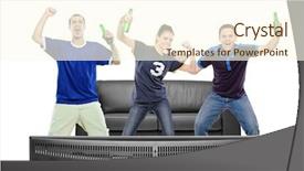  Presentation with television watching - PPT theme consisting of television sports - three sport fans watching tv background and a cream colored foreground