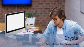  Presentation with cup coffee - Presentation theme having television theme - man with disposable coffee cup background and a  colored foreground