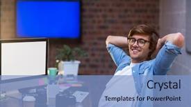  Presentation with man relaxing on massage table - Cool new presentation theme with television theme - portrait of smiling relaxed man backdrop and a  colored foreground