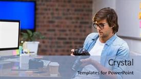  Presentation with camera - Amazing slides having television theme - young man holding camera backdrop and a  colored foreground