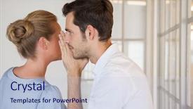  Presentation with business casual - Presentation theme consisting of tell secret - casual business people gossiping together background and a  colored foreground