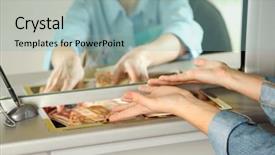  Presentation with bank teller - Beautiful slide deck featuring teller window with working cashier backdrop and a  colored foreground