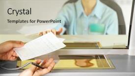  Presentation with bank teller - Cool new PPT theme with teller window with working cashier backdrop and a soft green colored foreground