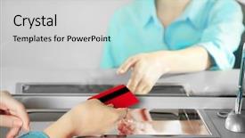  Presentation with airplane wing through airplane window - Presentation design consisting of teller window with working cashier background and a  colored foreground