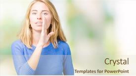  Presentation with young woman wearing boxer gloves - Presentation having telling secret rumor whispering malicious background and a soft green colored foreground