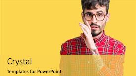  Presentation with elegant man in glasses optics - Presentation design having telling secret rumor whispering malicious background and a  colored foreground