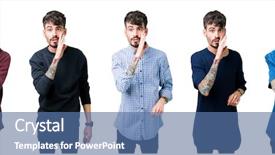  Presentation with young man on the phone - Cool new slide deck with telling secret rumor whispering malicious backdrop and a  colored foreground