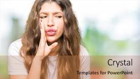  Presentation with young woman wearing boxer gloves - PPT theme enhanced with telling secret rumor whispering malicious background and a coral colored foreground