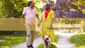  Presentation with granddaughter walking senior - Slide deck featuring tem - senior couple walking with pet background and a yellow colored foreground