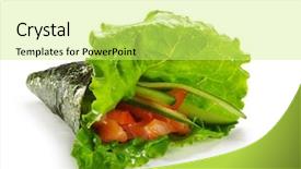  Presentation with mayonnaise - Presentation featuring temaki - hand roll sushi made of fresh salmon fresh cucumber tomato and japanese mayonnaise inside nori and salad leaf outside background and a yellow colored foreground