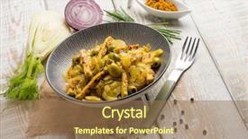  Presentation with curry - Theme with tempeh salad with fennel olives background and a coral colored foreground