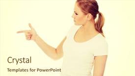  Presentation with finger - Presentation theme with temperament - young woman threatens someone background and a  colored foreground