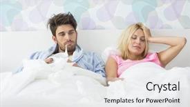  Presentation with good morning couple bed - Presentation with temperature stress - frustrated sick couple lying background and a white colored foreground