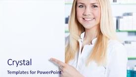  Presentation with it pain points - Presentation theme featuring chemistry template - chemist's assistant points at blank background and a sky blue colored foreground