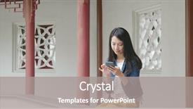  Presentation with chinese - Colorful presentation design enhanced with temple architects - chinese woman using smart phone backdrop and a  colored foreground