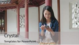  Presentation with sms - Presentation theme enhanced with temple architects - woman sending sms on cellphone background and a  colored foreground